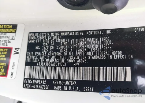 2010 Toyota Venza из США, поврежденный, VIN 4T3BA3BB8AU011363